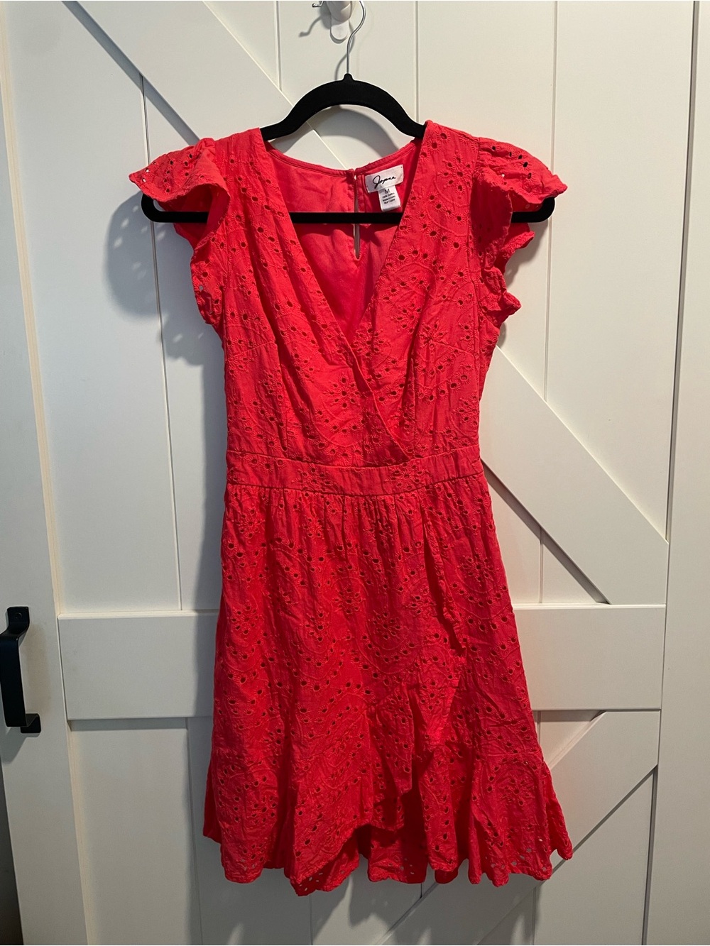 Japna Coral Red Eyelet V-Neck Mini Dress